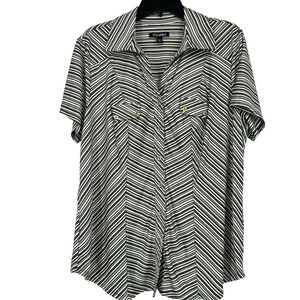 Roz & Ali Womens Button Up Shirt Green Stripe Stretch Short Sleeve Size 1X